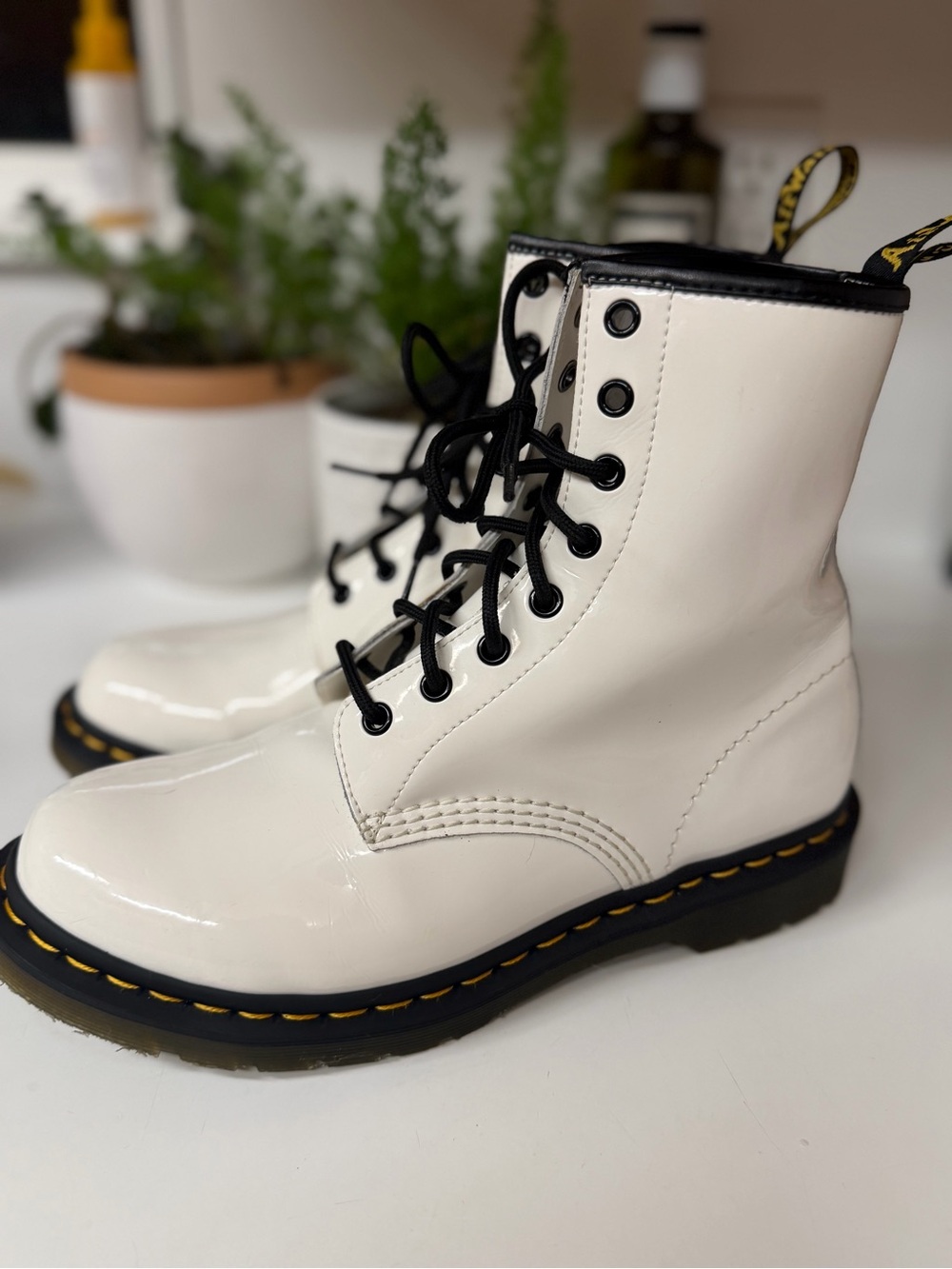 Dr. Martens White Patent Lace-Up Combat Boots with Black Trim